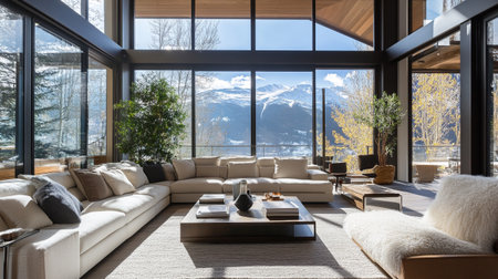 Modern living room interior with panoramic view on the mountains. Nobody inside