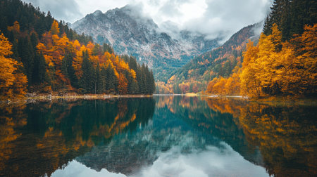 Autumn Landscape of Fusine lake, Dolomites, Italyの写真素材