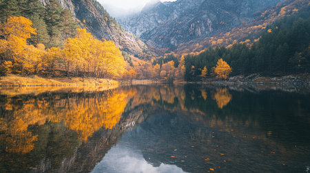 Colorful autumn scene with alpine lake and mountains reflected in waterの写真素材