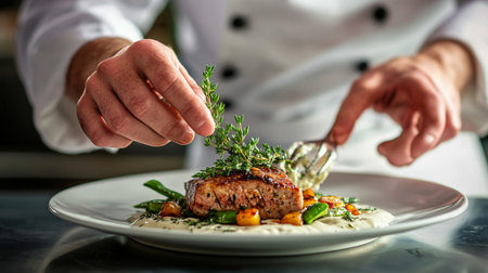 Closeup of male chef's hand garnishing dish with roasted salmon filletの写真素材
