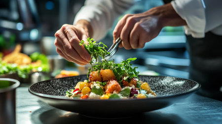 Chef garnishing a salad in a restaurant, close-up