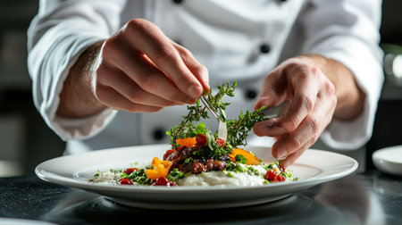 Chef in white uniform decorating dish with greens and cherry tomatoes