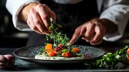 Chef in black uniform is preparing salad with tomatoes, arugula and mozzarella.