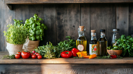 Fresh vegetables, herbs and olive oil on a rustic wooden background