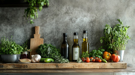 Fresh herbs and olive oil in bottles on rustic wooden background.の写真素材