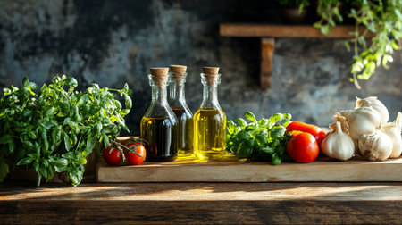 Olive oil in glass bottles with fresh basil, tomatoes and garlic on wooden tableの写真素材
