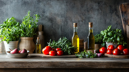 Fresh herbs and olive oil on rustic wooden background, selective focusの写真素材