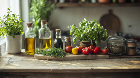 Fresh herbs and spices on a rustic wooden table in a kitchenの写真素材