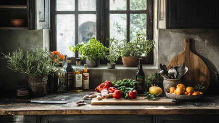 Rustic kitchen interior with fresh vegetables and olive oil on wooden tableの写真素材
