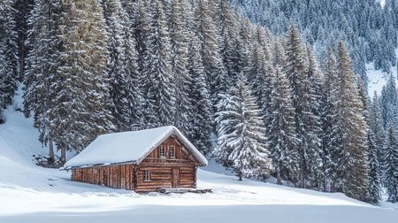 Winter in the swiss alps, Switzerland. Wooden hut in the mountainsの写真素材
