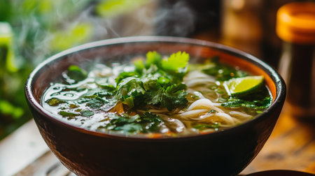 Vietnamese soup with noodles, vegetables and herbs in a bowlの写真素材
