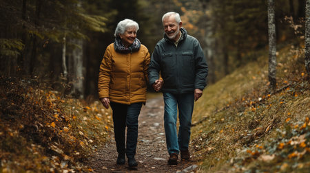 Senior couple walking in the autumn forest. They are looking at each other and smiling.の写真素材