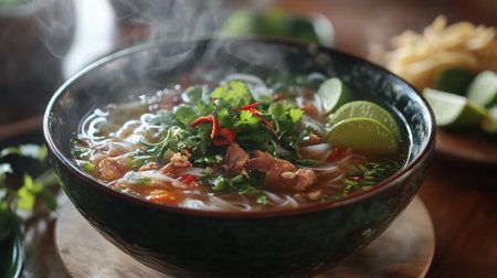 Vietnamese noodle soup with pork and cilantro in bowl