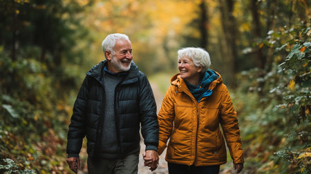 Senior couple walking in autumn forest. Elderly couple walking in autumn forest.
