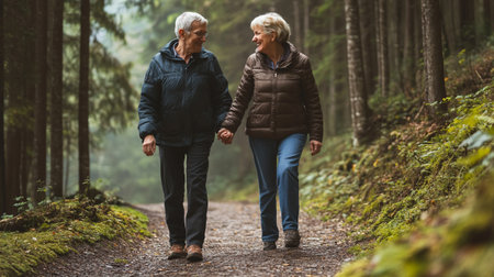 Senior couple walking in the forest. They are holding hands and smiling.の写真素材