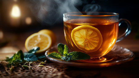 Cup of tea with lemon and mint on a wooden table.の写真素材