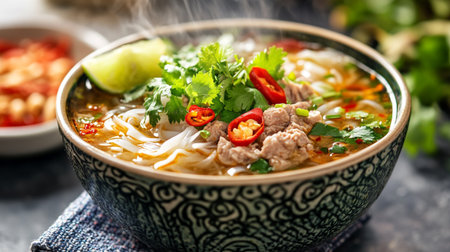 Vietnamese Pho soup with beef and vegetables in a bowlの写真素材