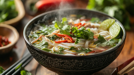 Vietnamese Noodle Soup with Chicken and Vegetables in Bowl