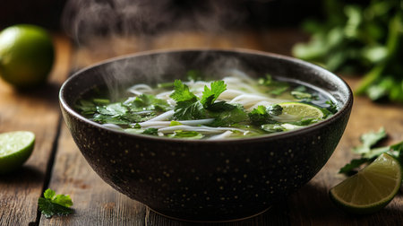 Noodle soup in a bowl with lime and cilantro on wooden background