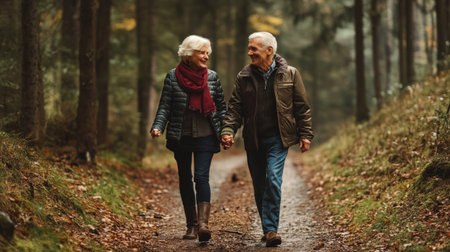 Senior couple walking in autumn forest. They are holding hands and smiling.の写真素材