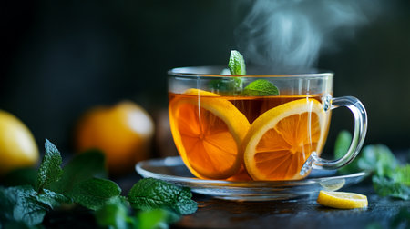 Cup of tea with lemon, mint on dark backgroundの写真素材