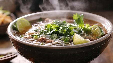 Bowl of tasty Thai soup with meat and vegetables, closeup