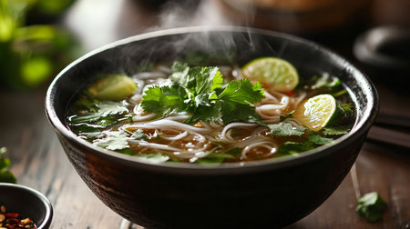 Bowl of Asian soup with noodles, vegetables and lime on wooden table