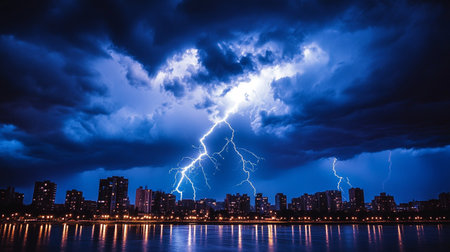 Lightning strikes over the city at night, thunderstorm and lightning