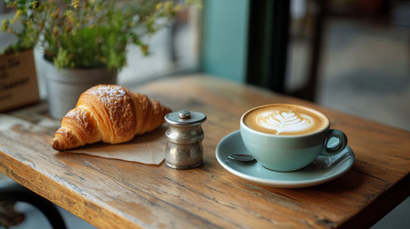 Coffee cup and croissant on wooden table in coffee shop