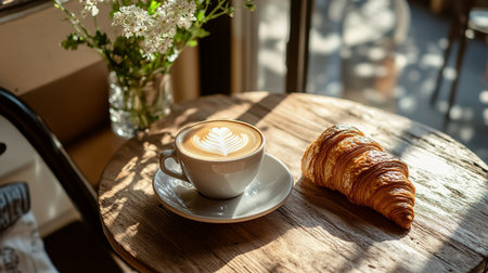 Coffee cup and croissant on wooden table in cafe