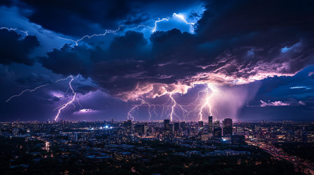 Thunderstorm over the city at night, thunderstorm in the city