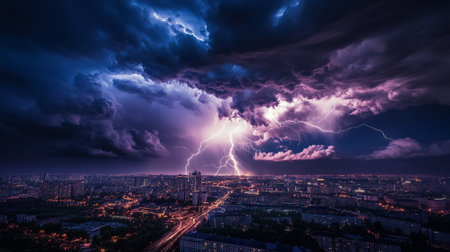 Dramatic thunderstorm over the city at night, Ukraine.