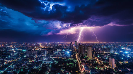 Lightning strike over Bangkok cityscape at night, Thailand. Nature background