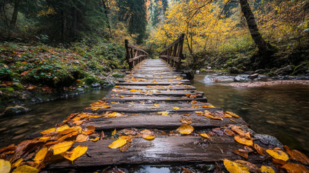 Wooden bridge over the river with autumn leaves in the forest.