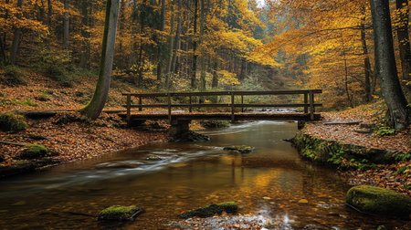 Autumn landscape with wooden bridge over the river in the forest.の写真素材