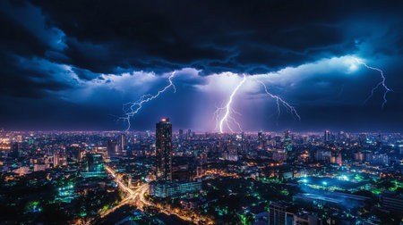 Lightning strike over Bangkok city at night, Bangkok, Thailand.