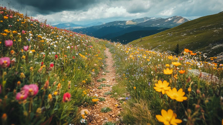 Mountain meadow with colorful wildflowers on a cloudy dayの写真素材