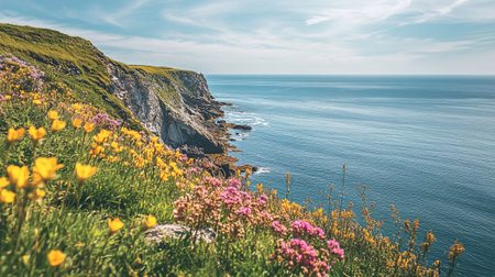Coastline with blooming flowers on the cliffs at Etretat, Normandy, Franceの写真素材
