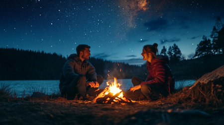 Young couple sitting near bonfire and looking at night starry sky