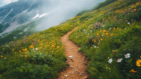 Hiking trail in the mountains with blooming flowers in the foreground