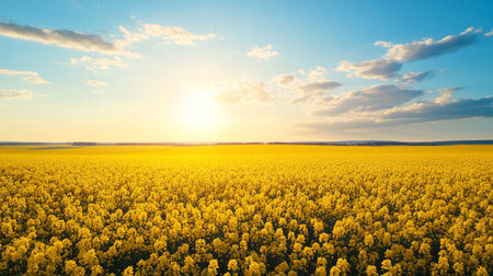 Sunset over rapeseed field. Beautiful spring landscape with yellow flowers.