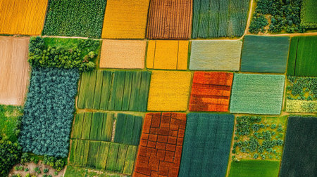 Aerial view of agricultural fields in Poland. Top view of agricultural fields.