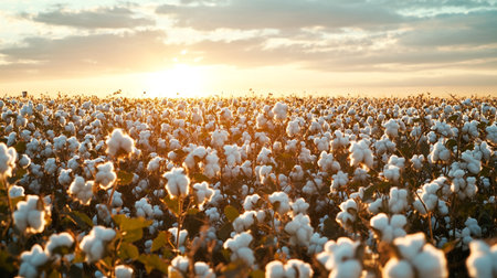 Cotton field at sunset. Beautiful landscape of cotton field at sunsetの写真素材