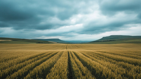 Panoramic view of the wheat field under the cloudy sky.の写真素材