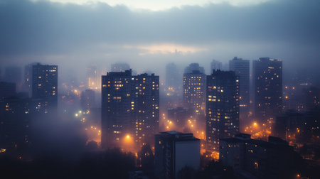 Foggy morning in the city. Cityscape with high-rise buildings.の写真素材