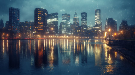 New York City skyscrapers at night with reflection in water.の写真素材