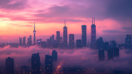 Shanghai skyline at foggy sunrise with skyscrapers and towers