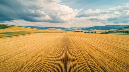 Aerial view of a field of wheat in Tuscany, Italy