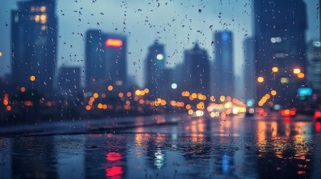 Raindrops on the glass and blurred background of the city at nightの写真素材