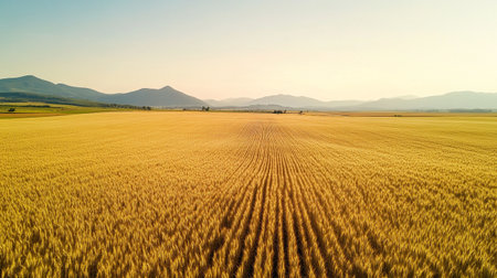 Aerial view of wheat field with mountains in background at sunset.の写真素材